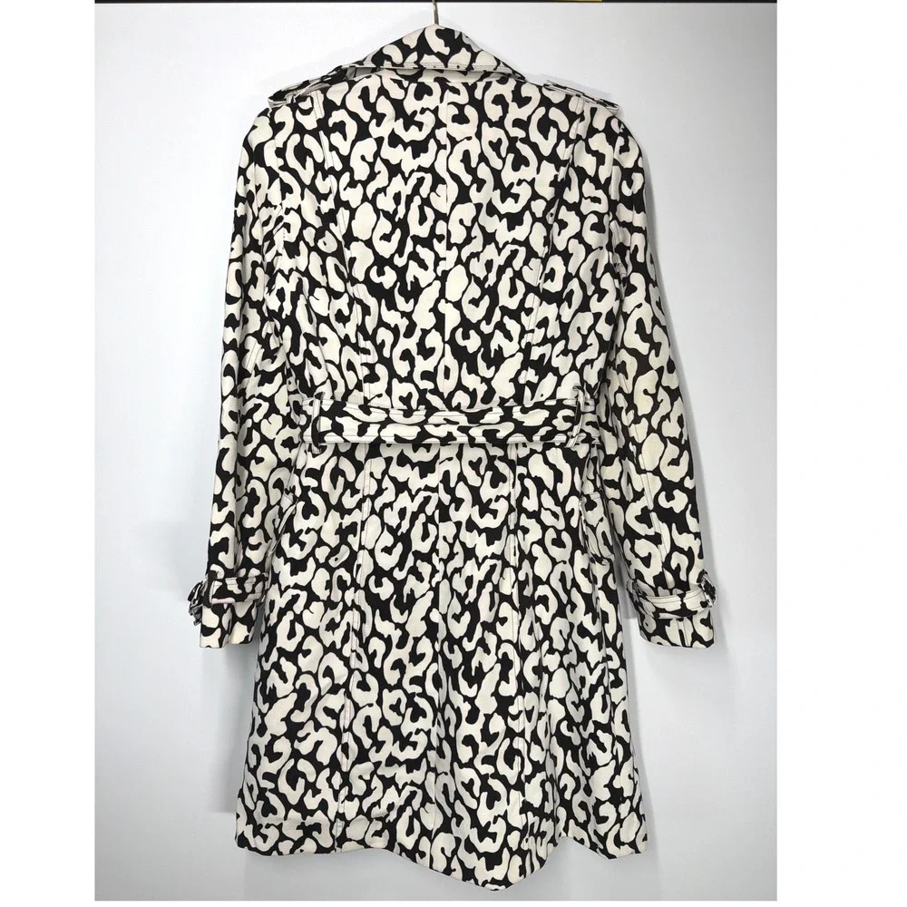 Alberto Makali Black White Leopard Print Belted Trench Coat Lined Size 8
